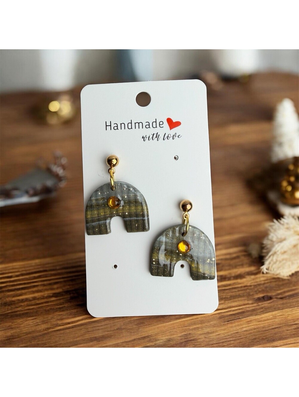 Handmade Polymer Clay Arch Dangle Earrings Gray Gold Shimmer Amber Rhinestone